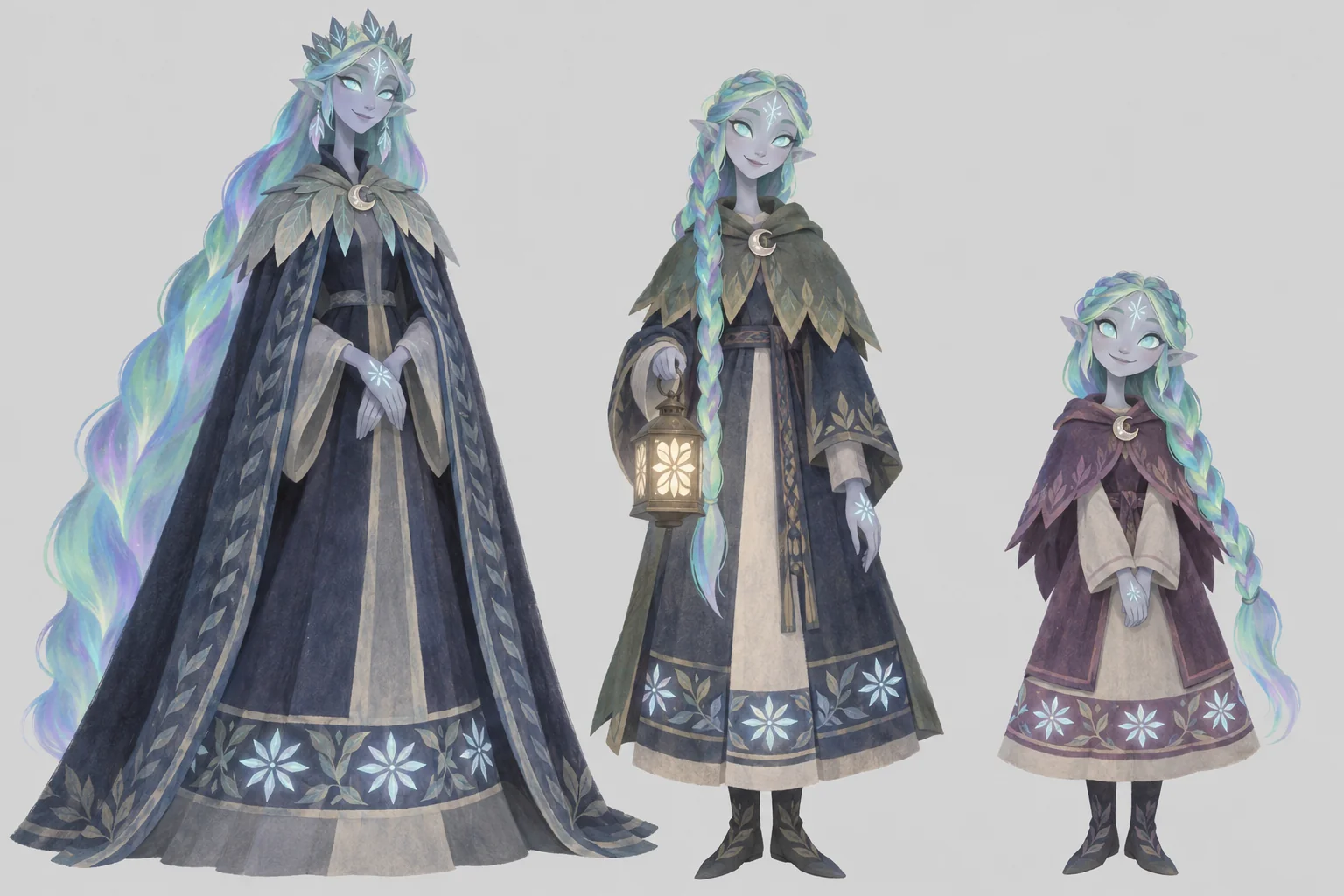 Three strange elves: tall pale blue figures with white pupil-less eyes and long iridescent hair, in dark cloaks with glowing blue flower bands.