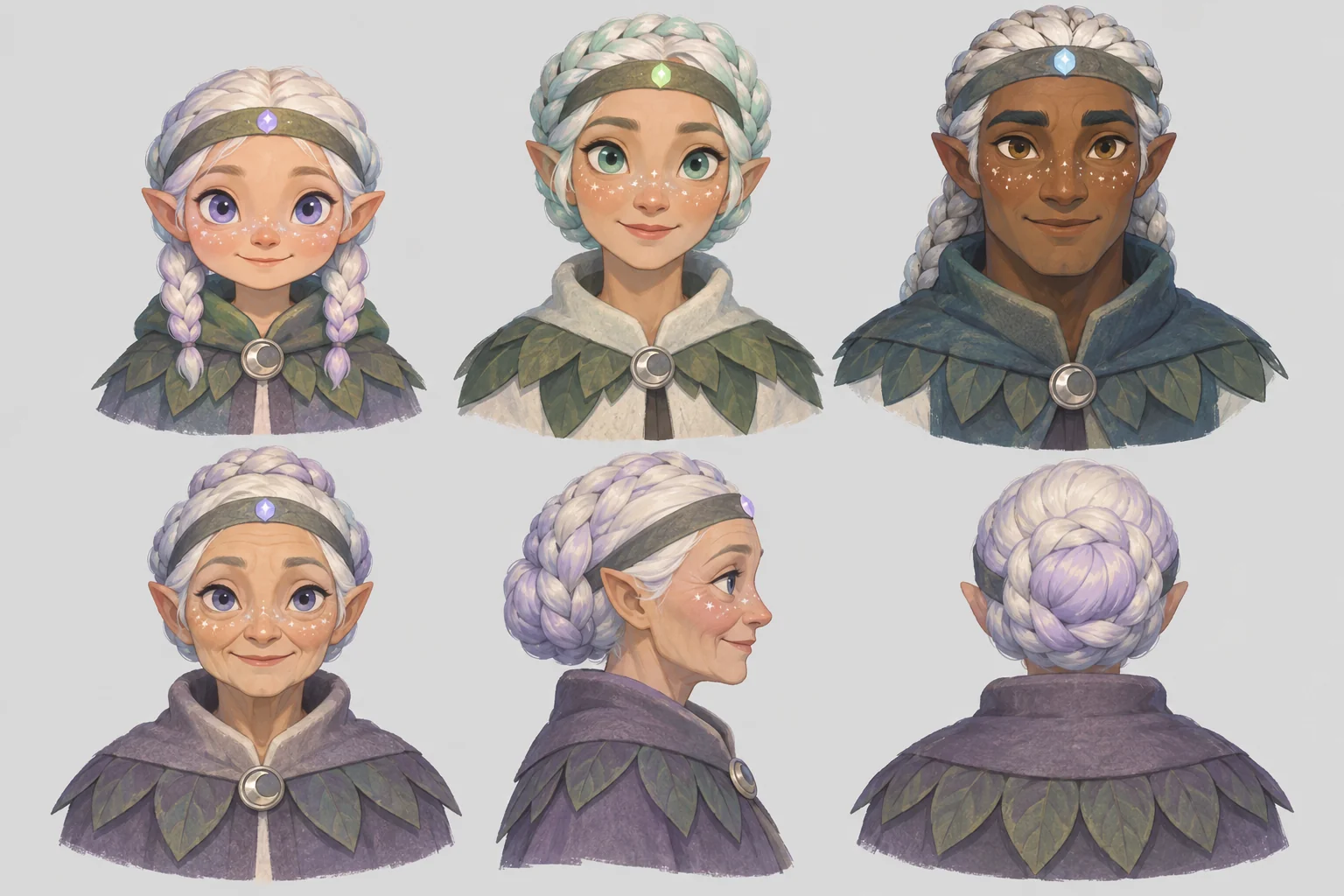 Heads of three elves from the front, one in profile and one from behind: braided hair in thick masses, star-freckles, leaf-shaped ears lying close to the head, a mantle of five leaf points.