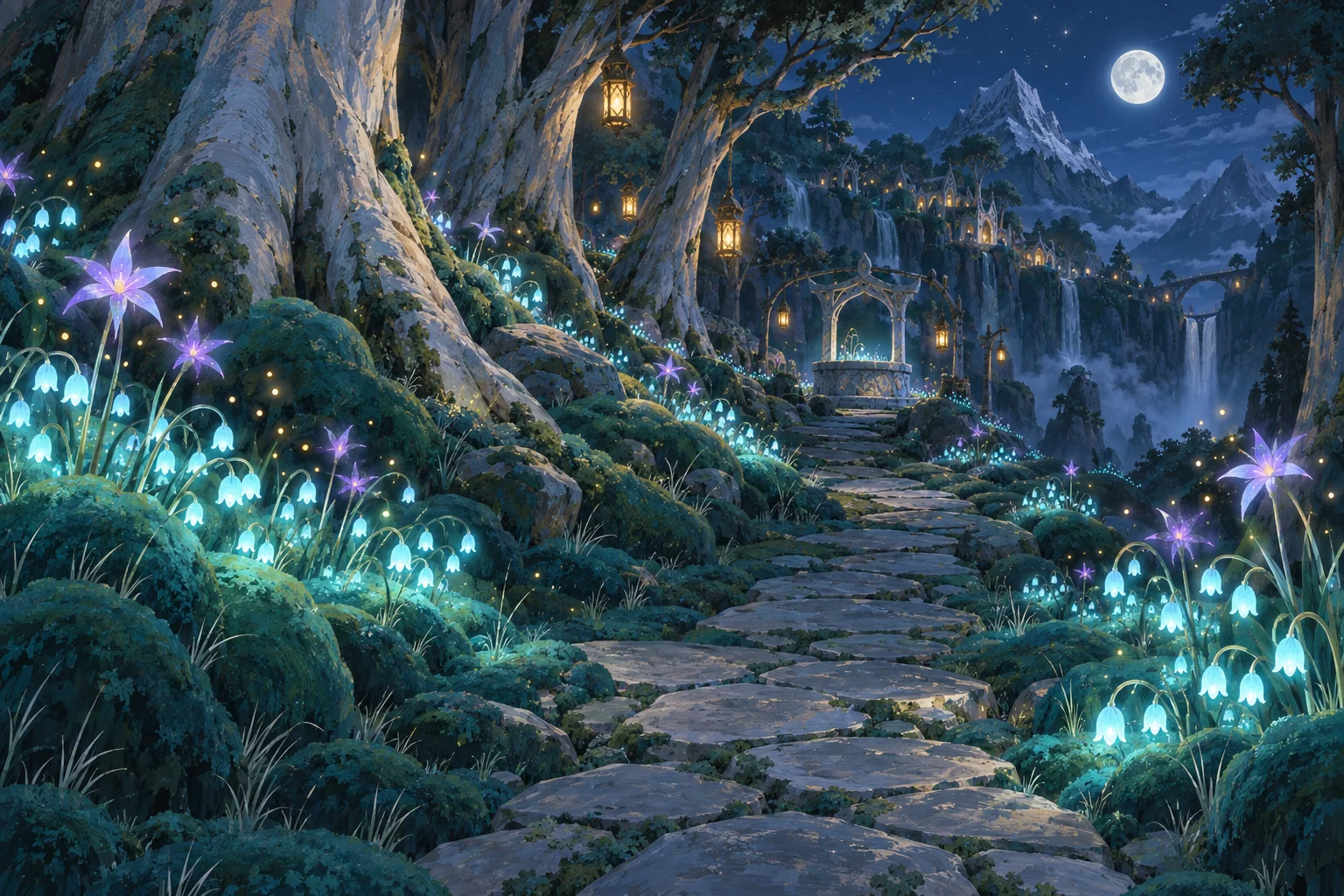 A path of flagstones through glowing moss under old trees, ribbons of cyan bell flowers and violet star flowers along it, an elf village and waterfalls far off, a full moon.