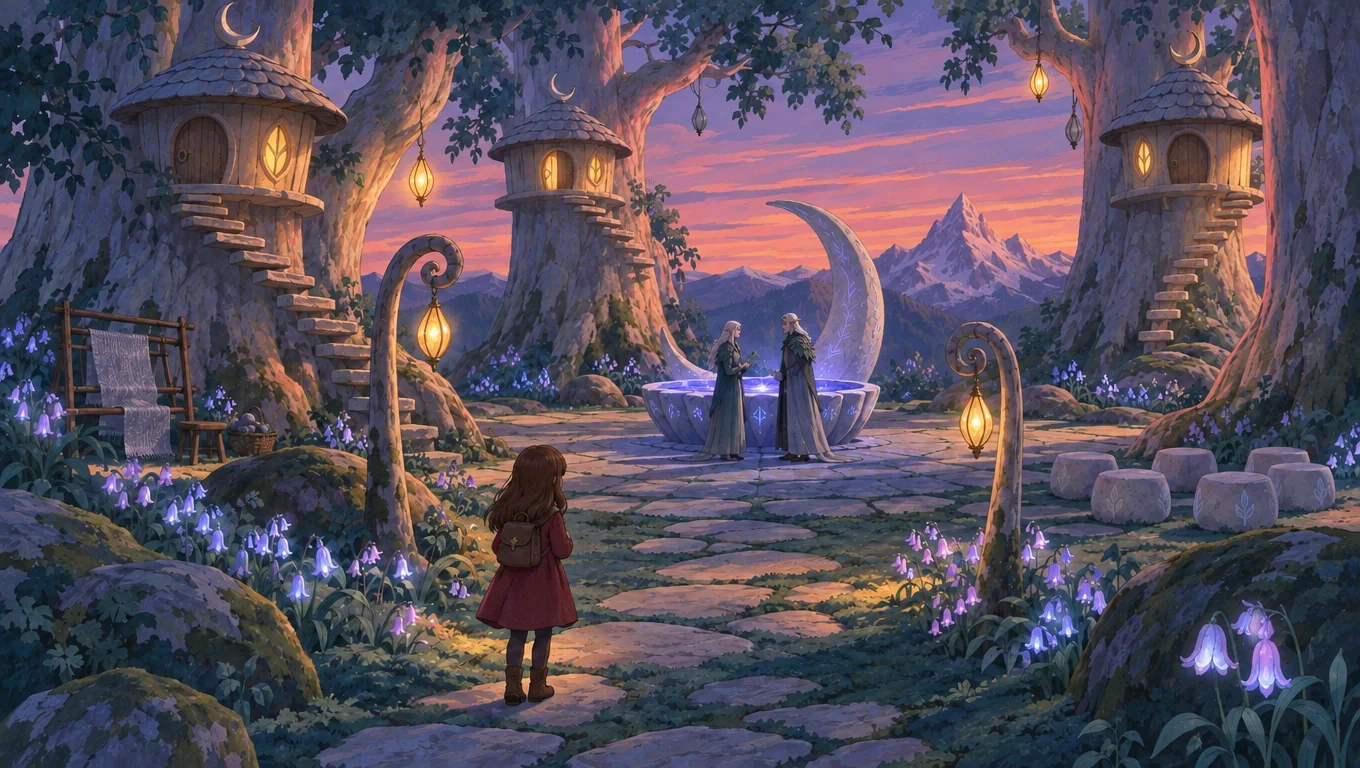 Alvheim at dusk: a rose and violet sky behind the peak, lanterns half lit along the path, tree-house windows warm, bell flowers beginning to glow.