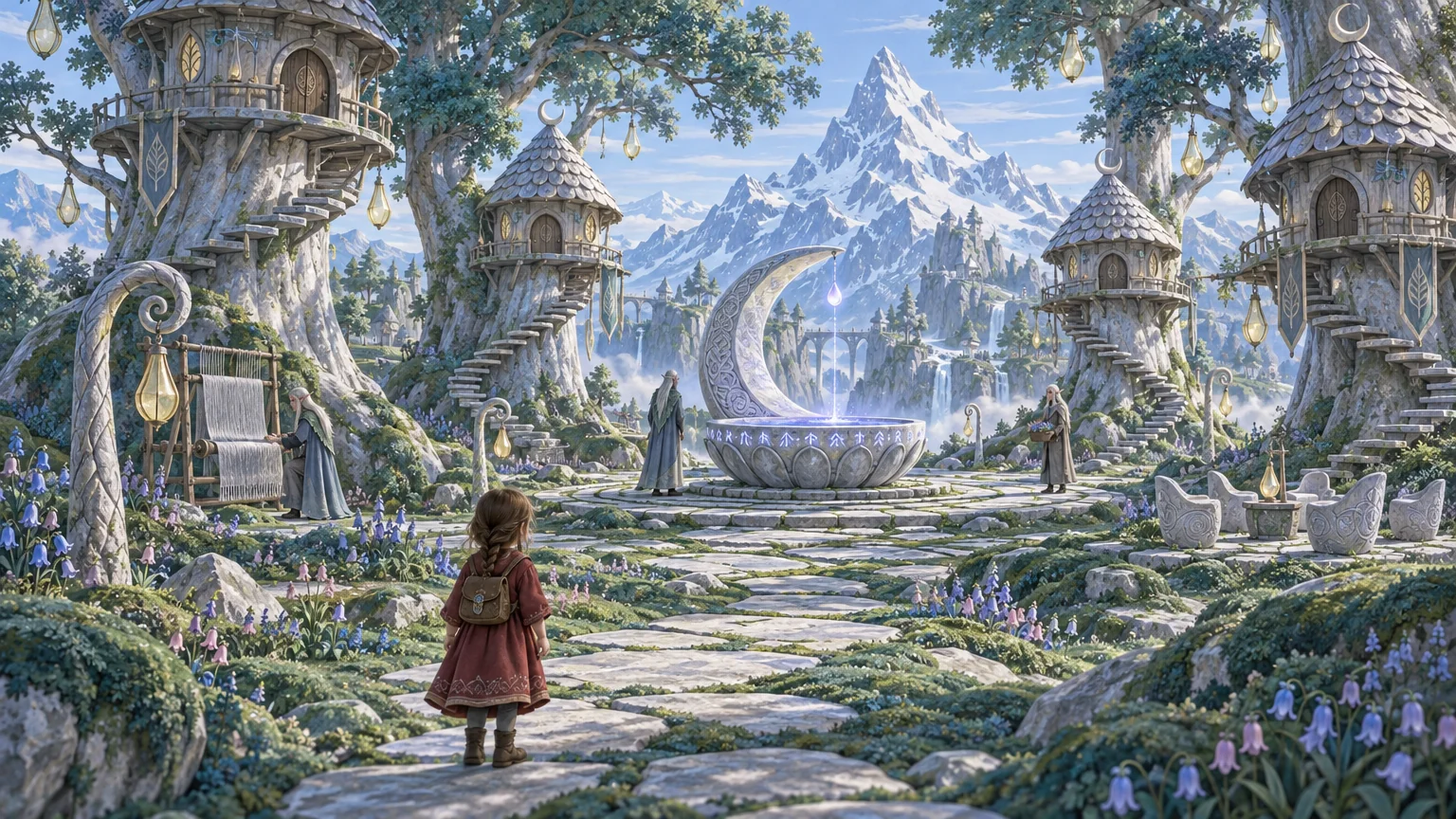 An elf village drawn as a city: bridges between trees, waterfalls behind, banners on the balconies, photoreal detail.