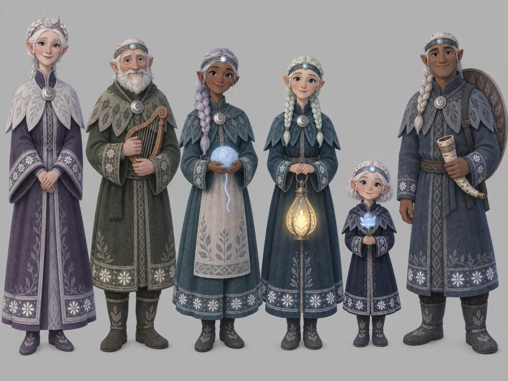 Six realistic 6.5-head elves in grey fuzzy felt with embroidery everywhere.
