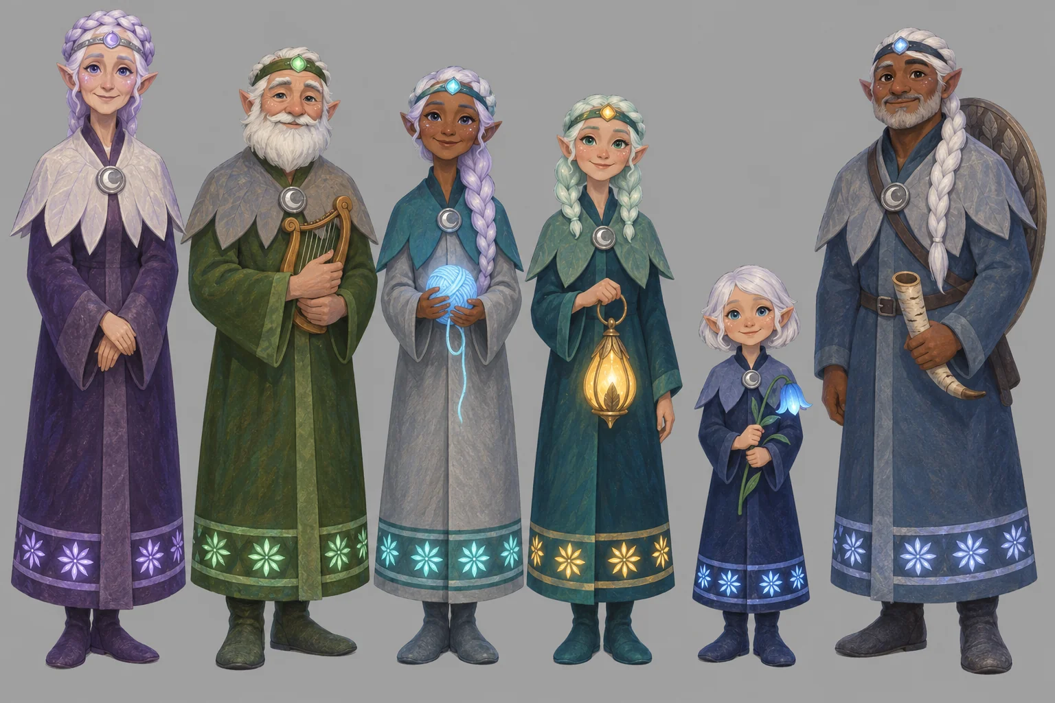 Six elves with straight bathrobe outlines, a bearded elder in green.