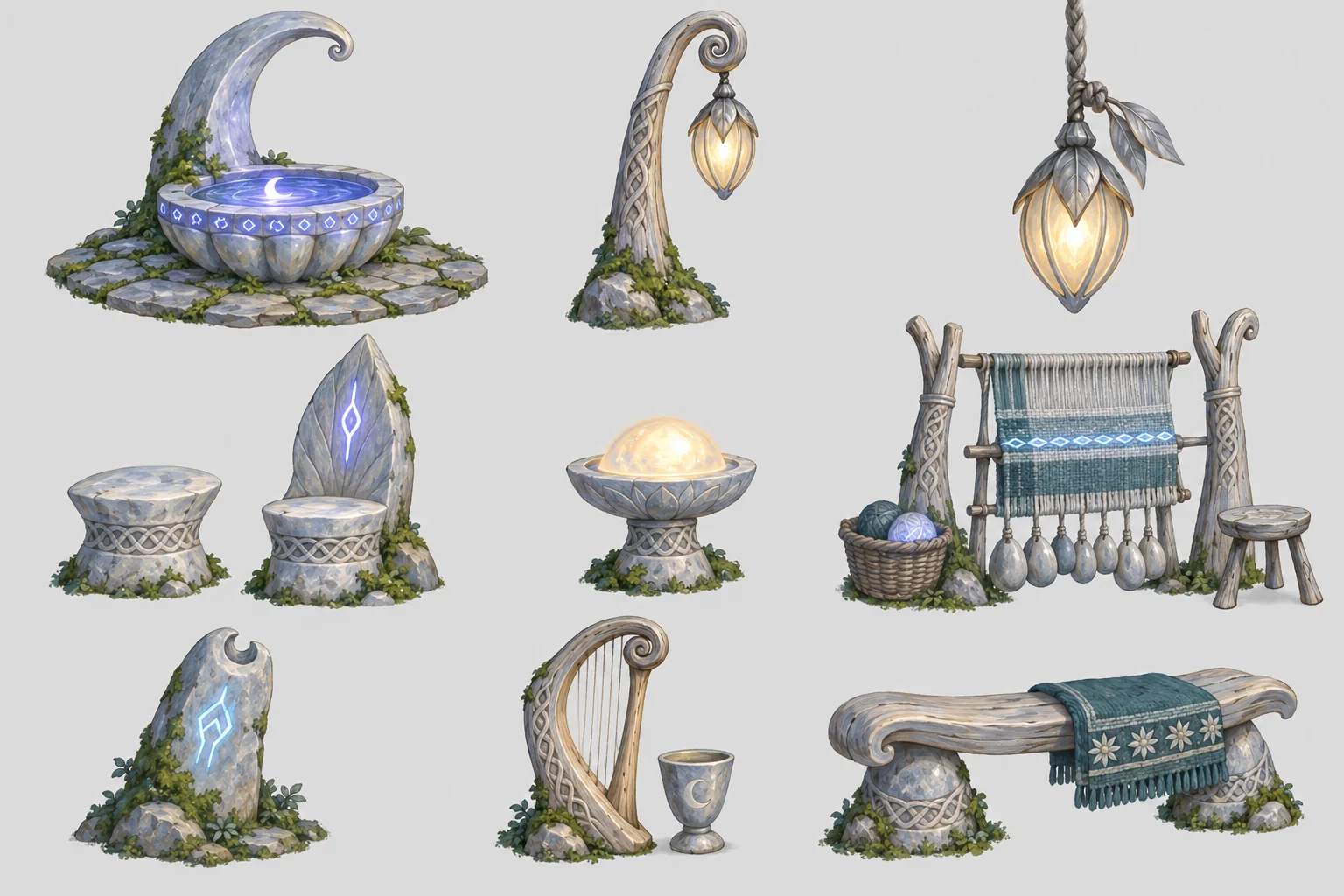 A sheet of nine props: the well with a curled horn, a lantern post, a hanging lantern, stone stools carved with loops, a lamp bowl, a loom, a way stone, a harp and a bench.
