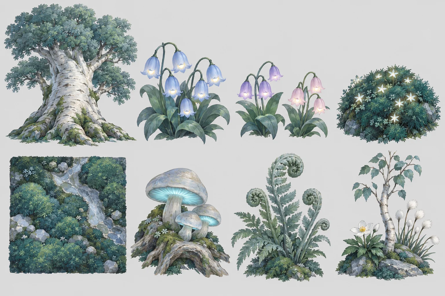 A sheet of Alvheim plants: a giant pale tree with a blue-green crown, a clump of blue moon bells, a clump of pink ones, a mound of star moss with glowing pale stars, a patch of teal moss with a vein of moonstone, a pale cap mushroom on a log, a fern with curled fiddleheads, a birch with cotton grass.