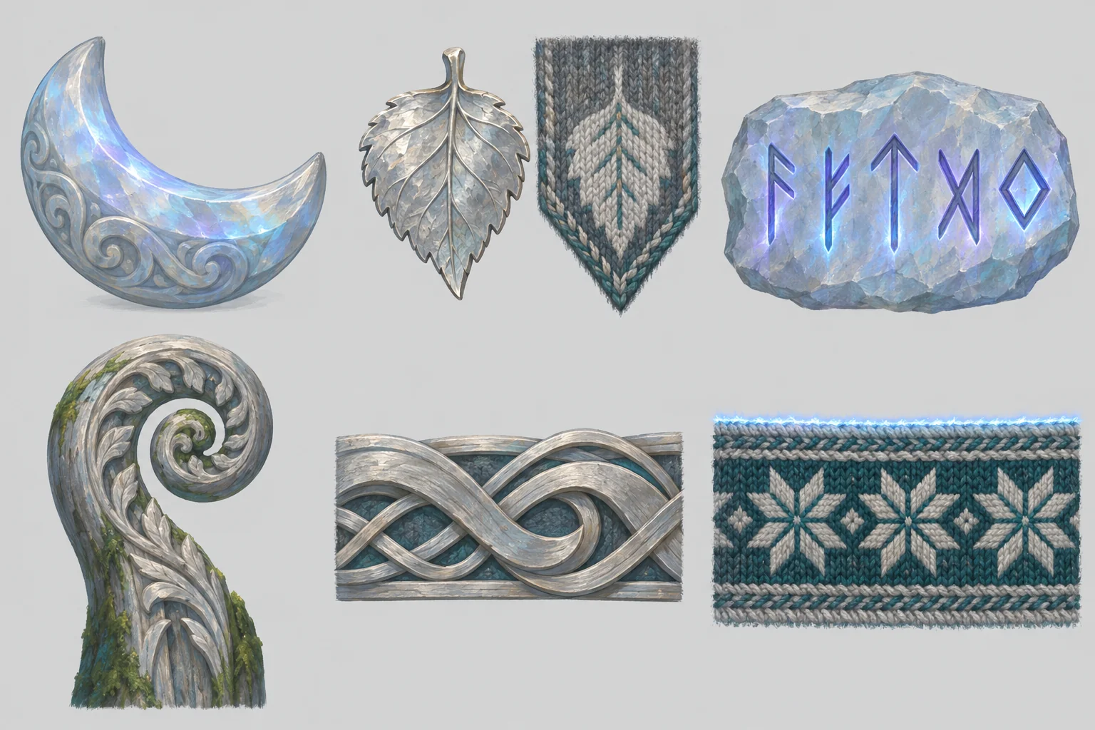 Six motif studies on a grey ground: a moonstone crescent, a birch leaf in silver, a woven leaf band, a moonstone with runes, a fern spiral in silver wood, a looping ribbon band and a woven eight-petal rose band.