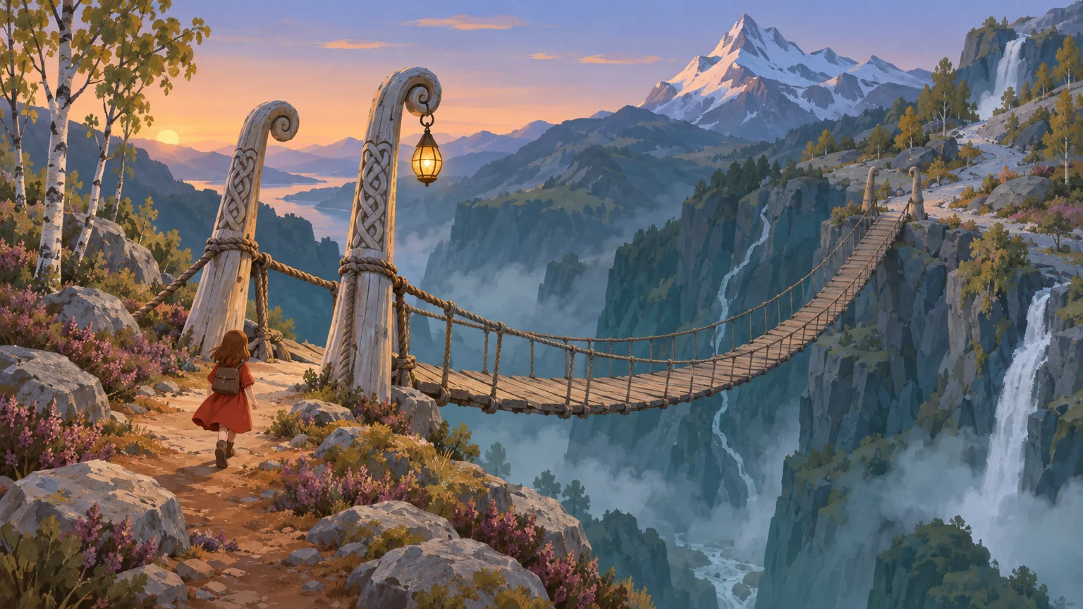 Step 3, Taubrua: a rope bridge over a misty gorge with two tall carved silver posts topped with spirals, one warm lantern on a post.