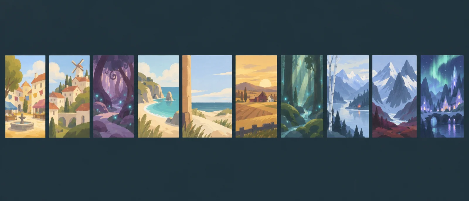 Ten thin painted thumbnails in travel order: a fountain square, a windmill, a violet wood, a cove, a dune, a barley field, a green forest, a lake, a snow range, an aurora night.