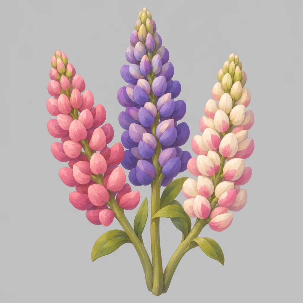 Three plump lupin spires in pink, violet and cream.