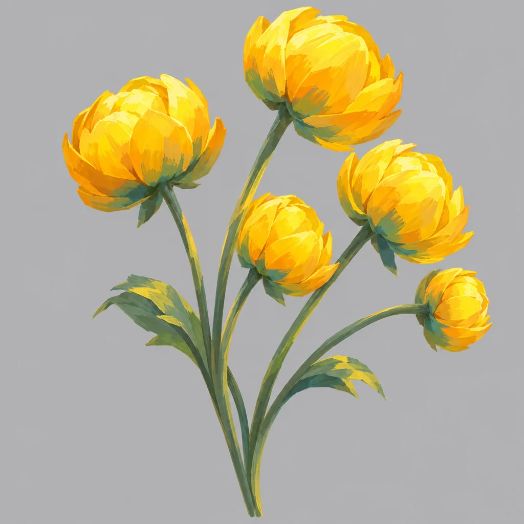 Five golden globeflowers on sweeping stems.