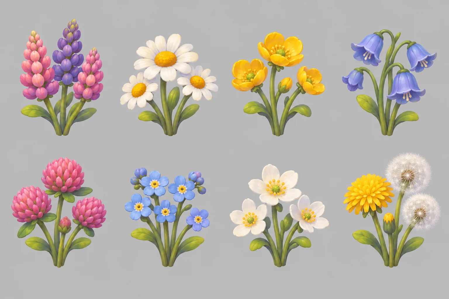 Eight inside flower sprays: lupin, daisy, buttercup, harebell, red clover, forget-me-not, wood anemone, dandelion with seed clocks.