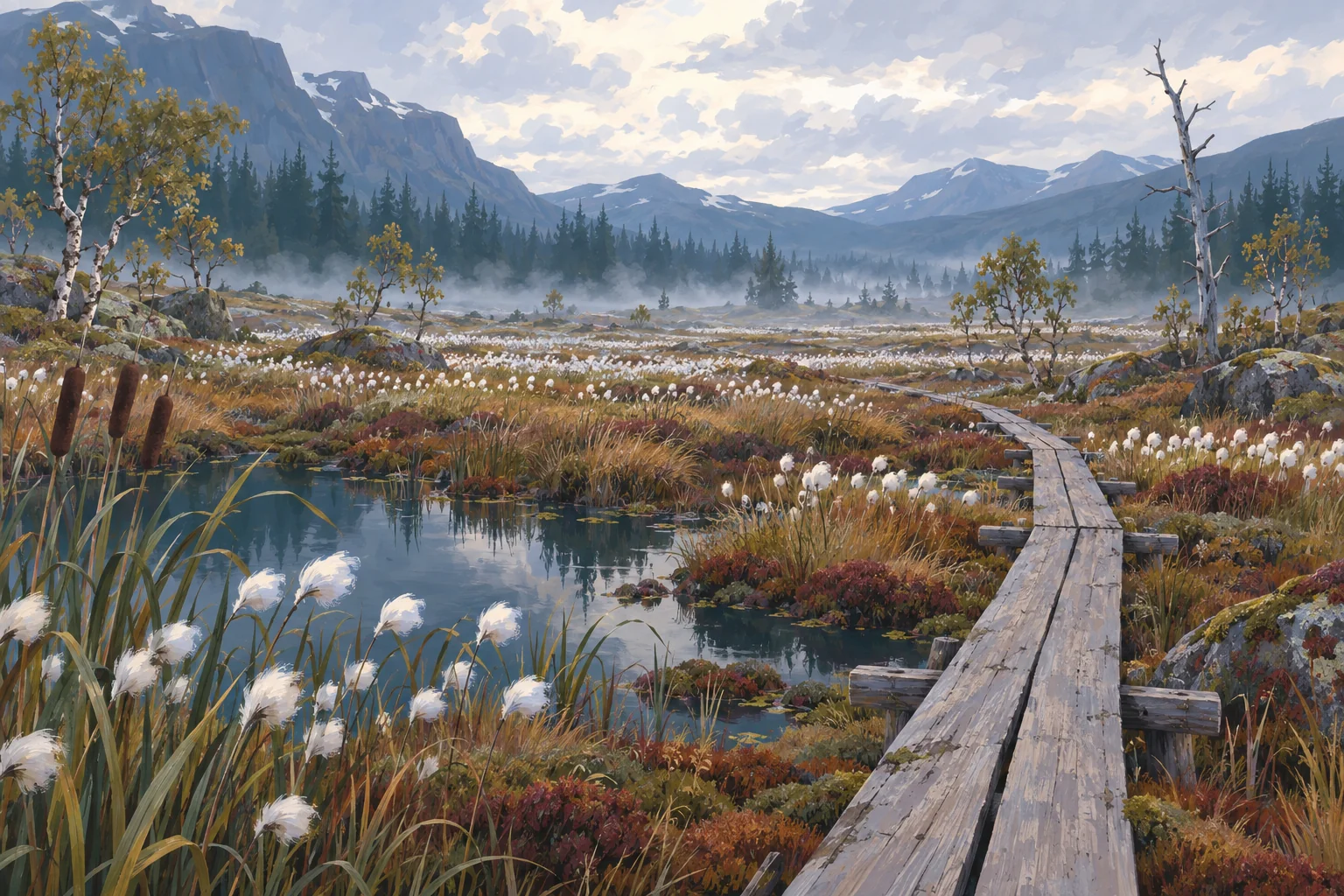 A boardwalk across a bog with cotton grass in bands, rust sedge and a tarn.