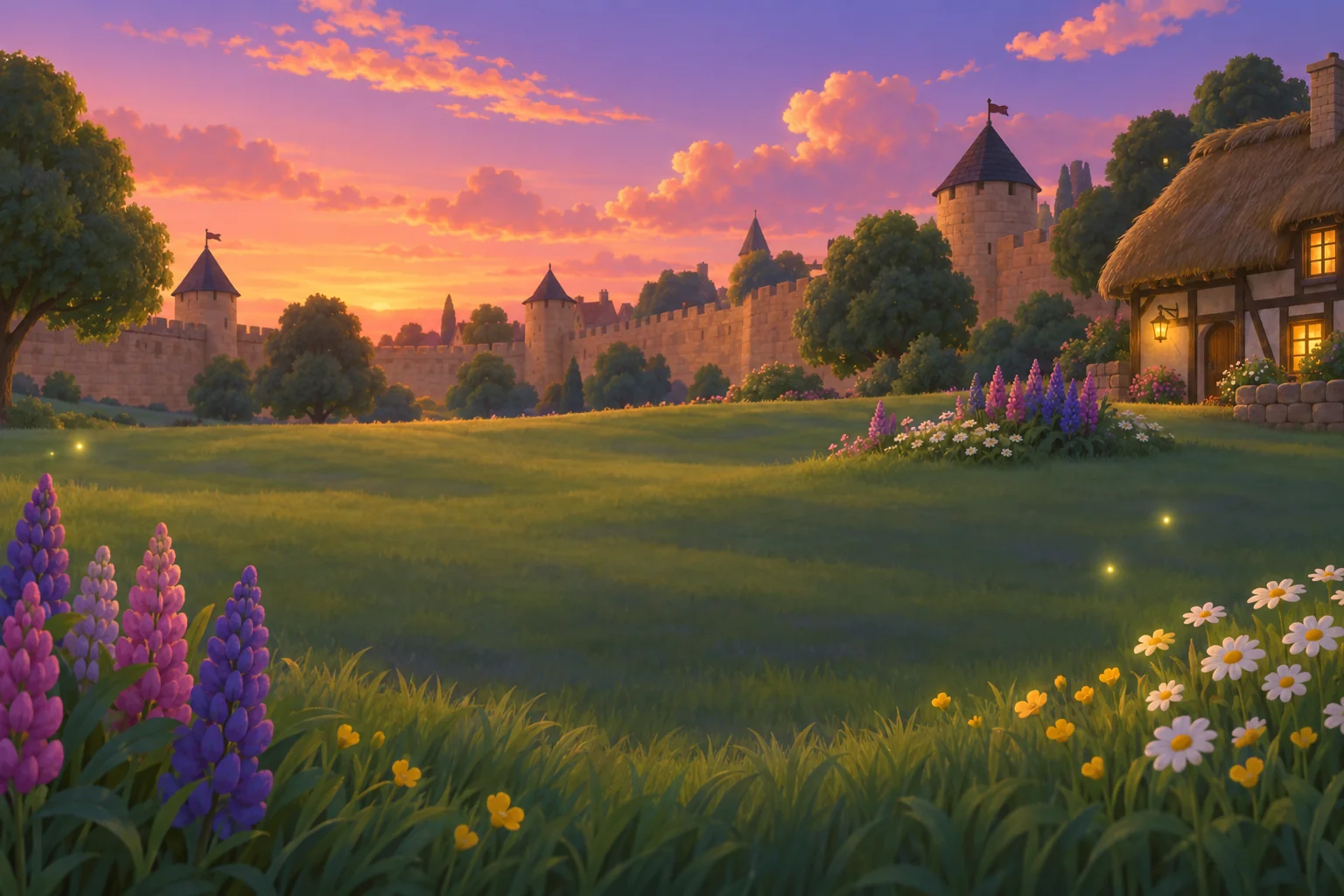 A meadow at sunset under a violet and orange sky; three greens in the field, lupin and daisy drifts in the foreground, fireflies, the wall and a cottage with lit windows.