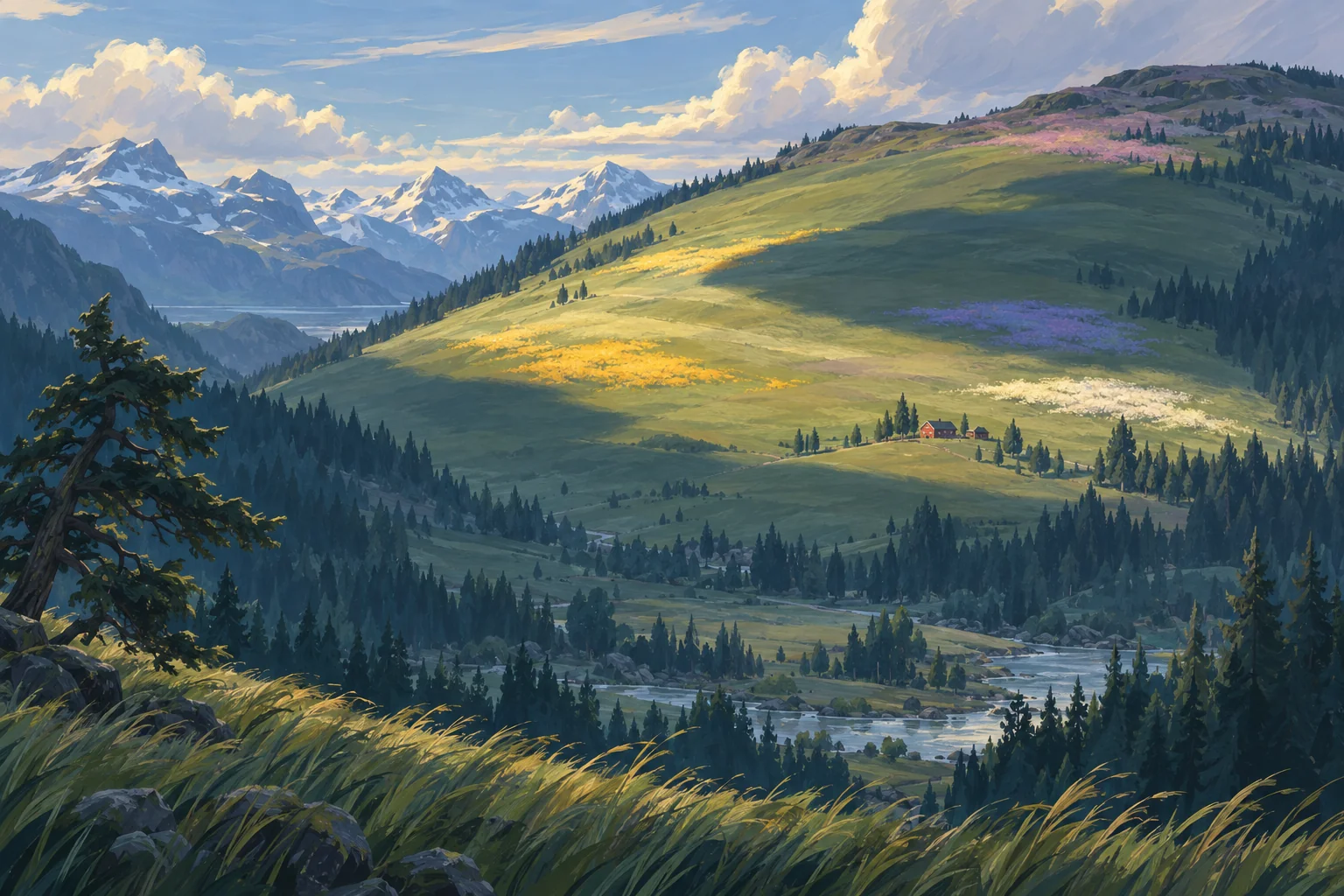A sunlit hillside valley with drifts of yellow, violet and white flowers as flat patches of colour, nearer ones larger and brighter, farther ones paler and bluer.