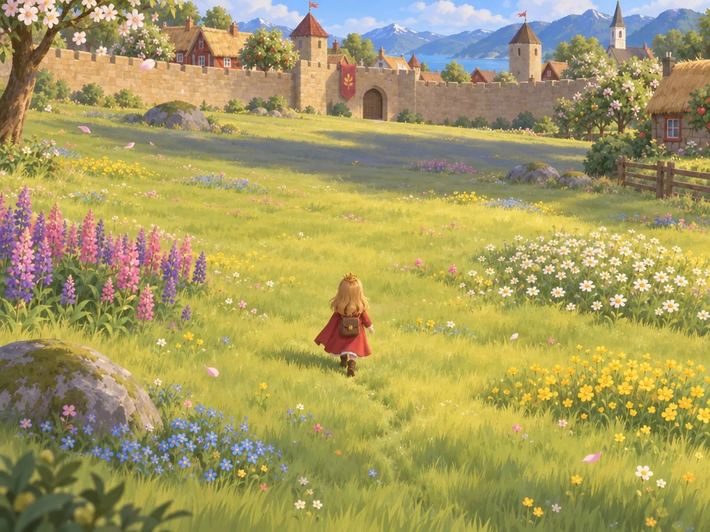 The game camera inside: a green meadow with lupins, daisy and buttercup drifts, the princess stand-in walking away.