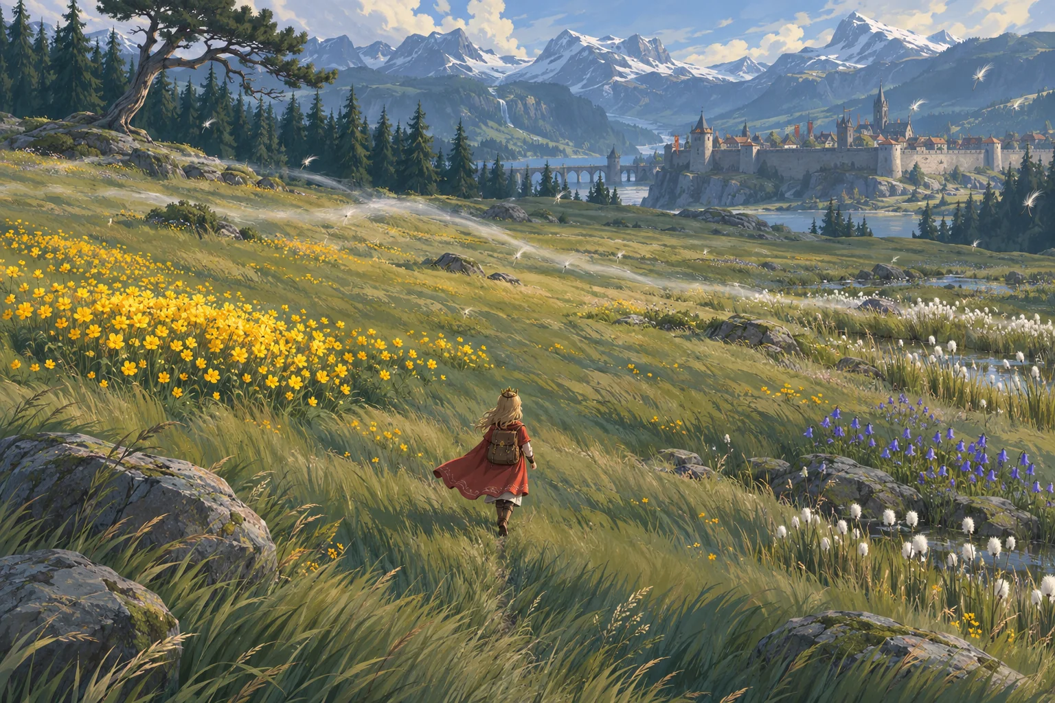 The game camera outside: a meadow with a gold drift, violet harebells and white cotton grass, the princess stand-in running through.