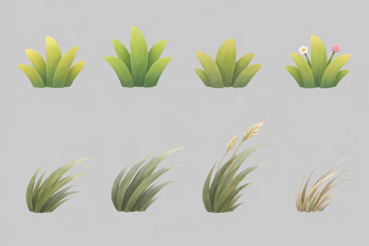 Two rows of grass tufts: upright rounded tufts inside, long leaning blades with seed heads outside.