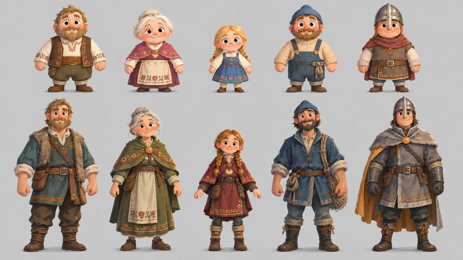 Two rows of five villagers on a grey ground: a farmer, a grandmother, a girl, a fisherman and a guard. The top row is short and round; the bottom row is taller, in layered worn clothes.