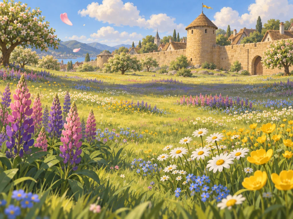 A polka-dot meadow where every flower is drawn and blades cover the foreground.