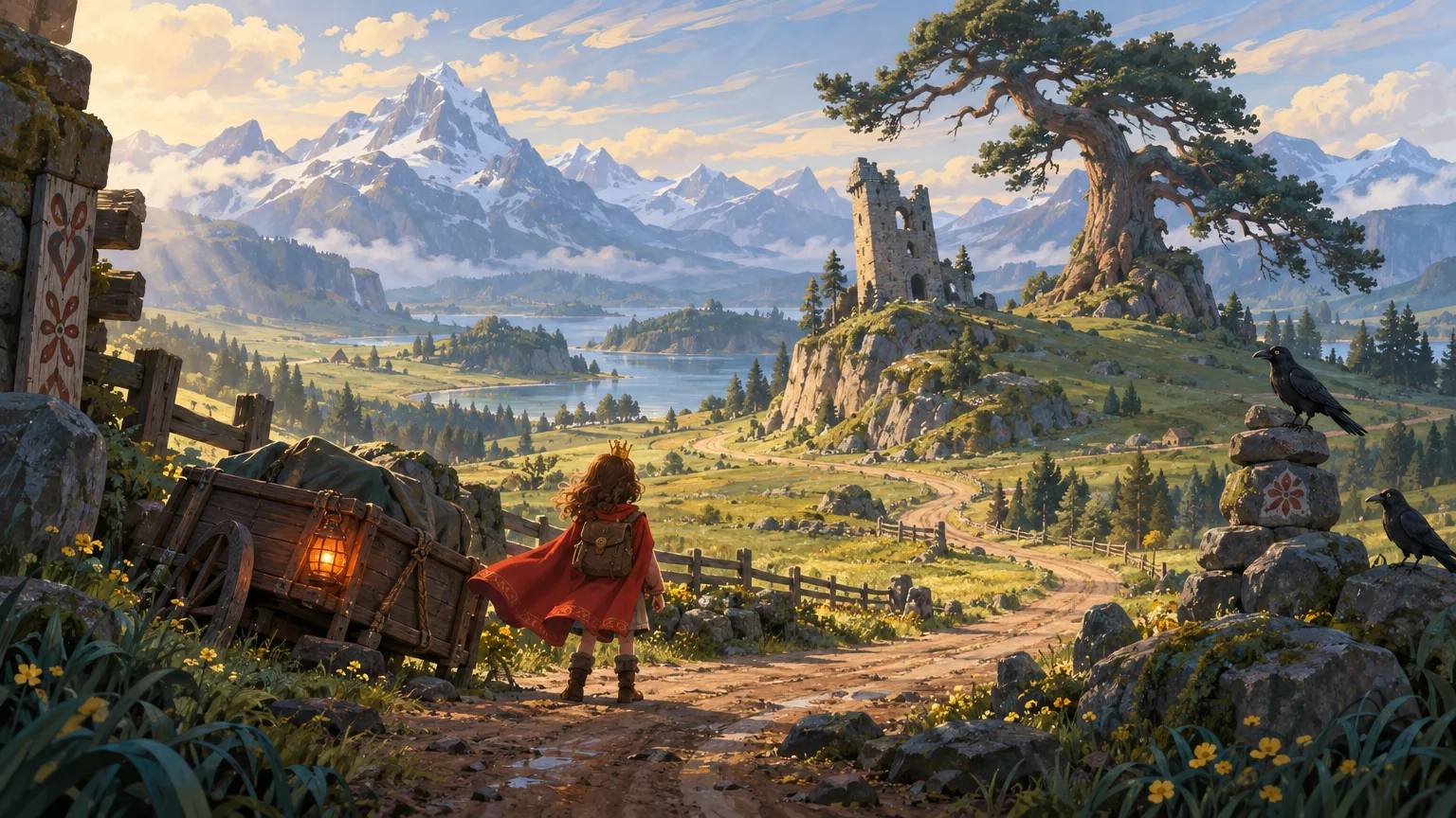 A valley, lake and mountains at golden hour with a tipped cart; everything is orange and brown, and a painted scroll sits on the cairn.