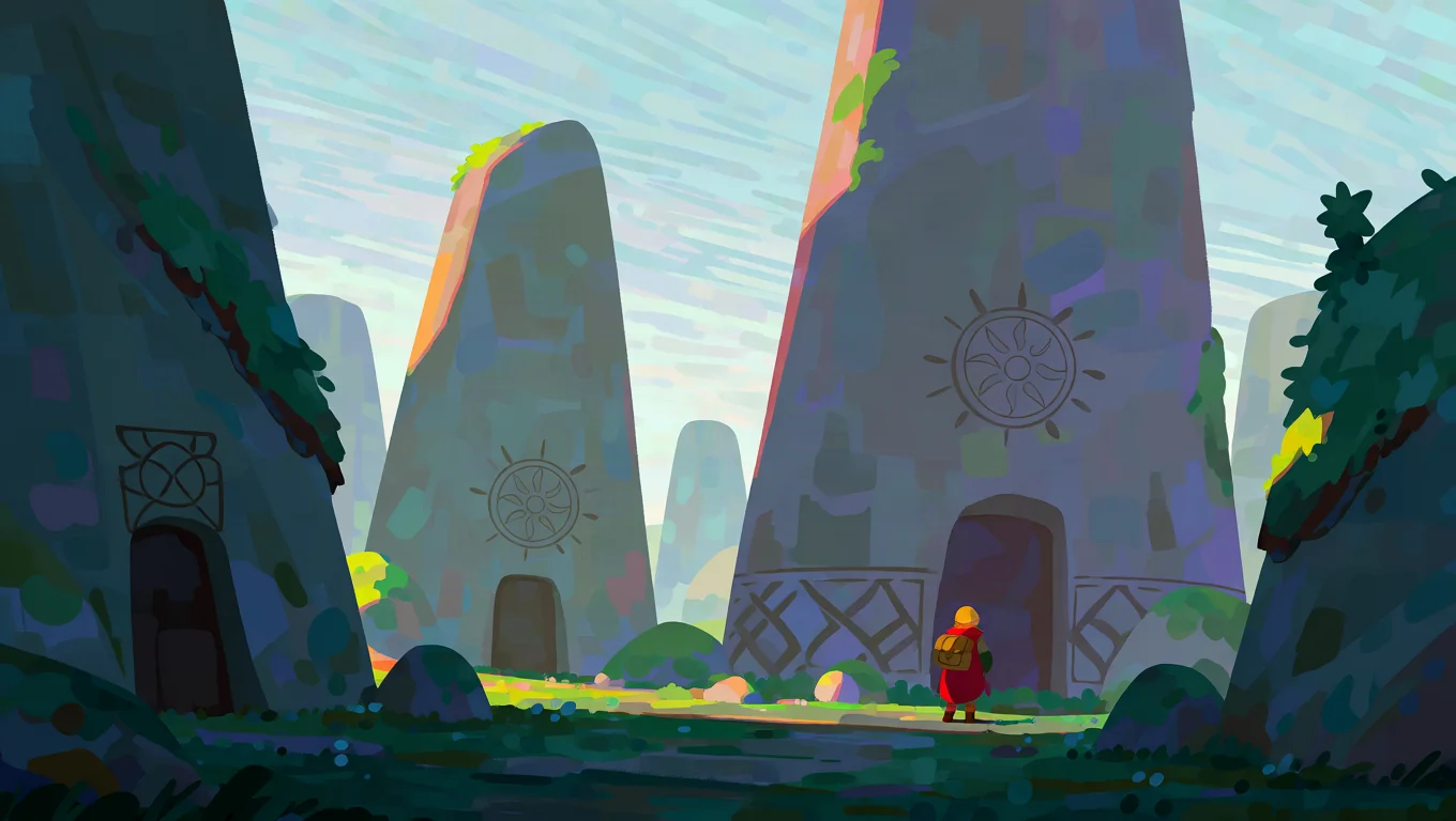 A tall mossy stone shapes with carved wheels around a tiny red figure.