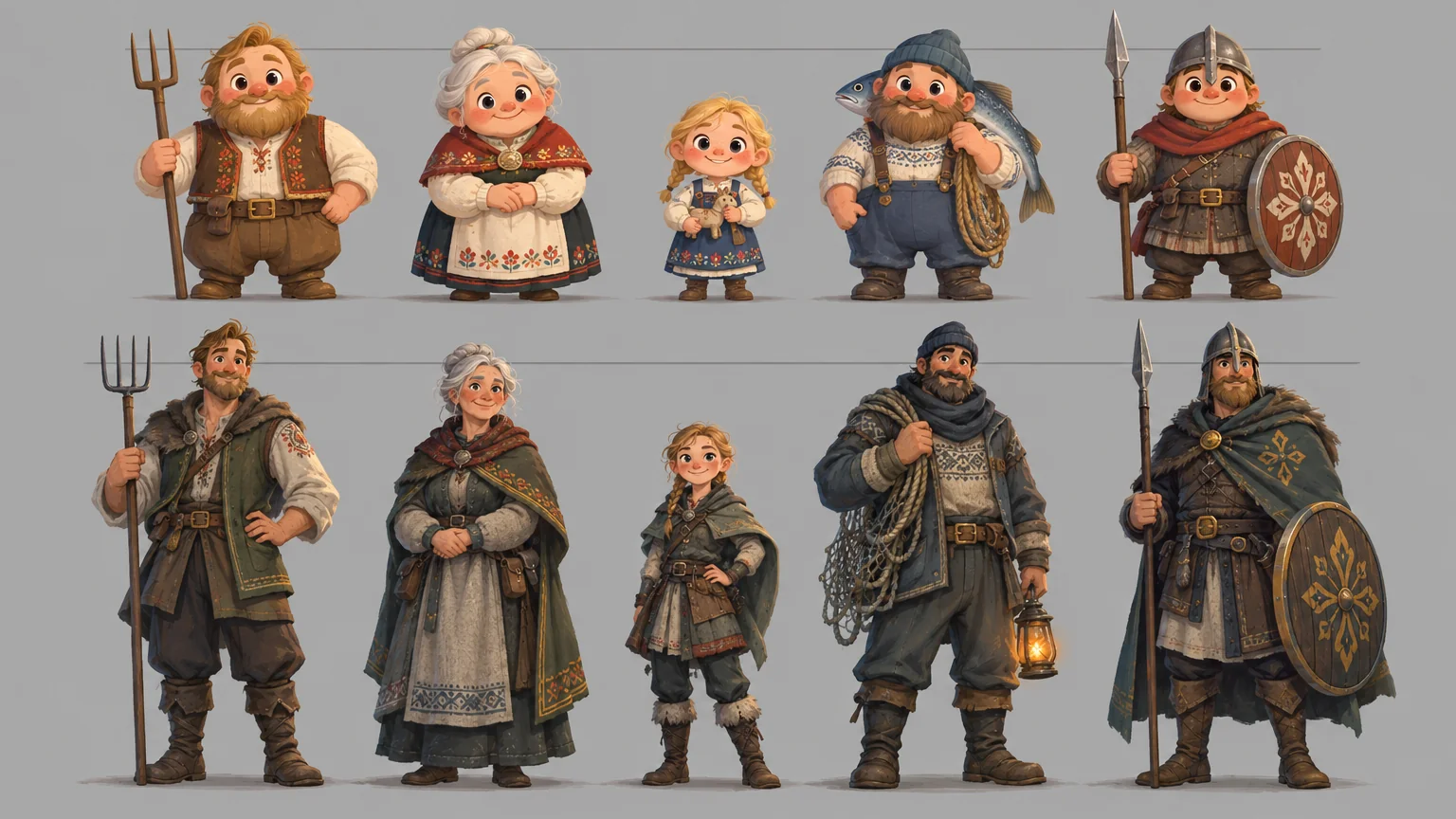 The first line-up: top row two heads tall, bottom row 5.5 heads with small eyes, with pitchforks, spears and shields.