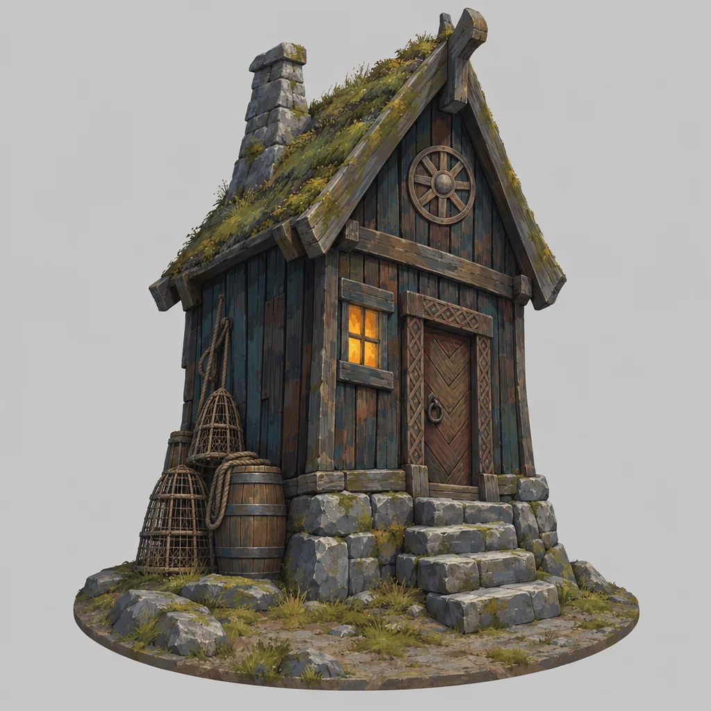 A near-black, gritty fisherman's house with see-through wicker creels.