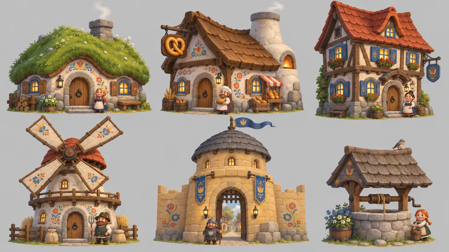 Six buildings on a grey ground: a turf cottage, a bakery with a pretzel sign, a tile-roofed half-timber house, a windmill, a round gate tower with banners, and a well.