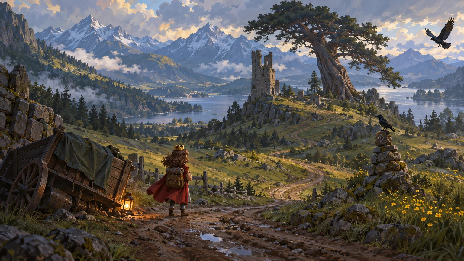 A: the block alone. A pine, a ruin, a muddy road, a gloomy sky.